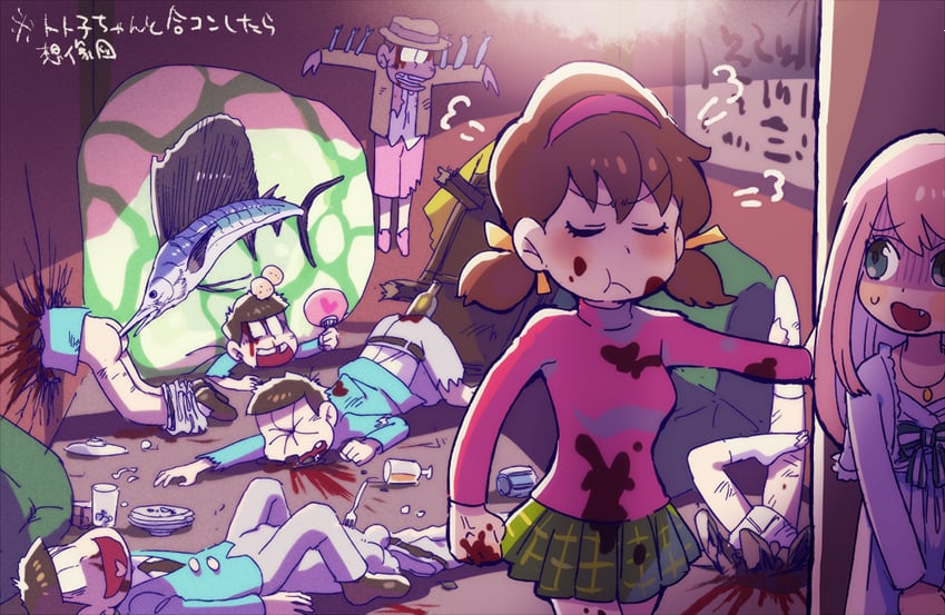 matsuno osomatsu, matsuno karamatsu, matsuno ichimatsu, matsuno jyushimatsu, matsuno choromatsu, and 2 more (osomatsu and 1 more) drawn by aoki_(fumomo)
