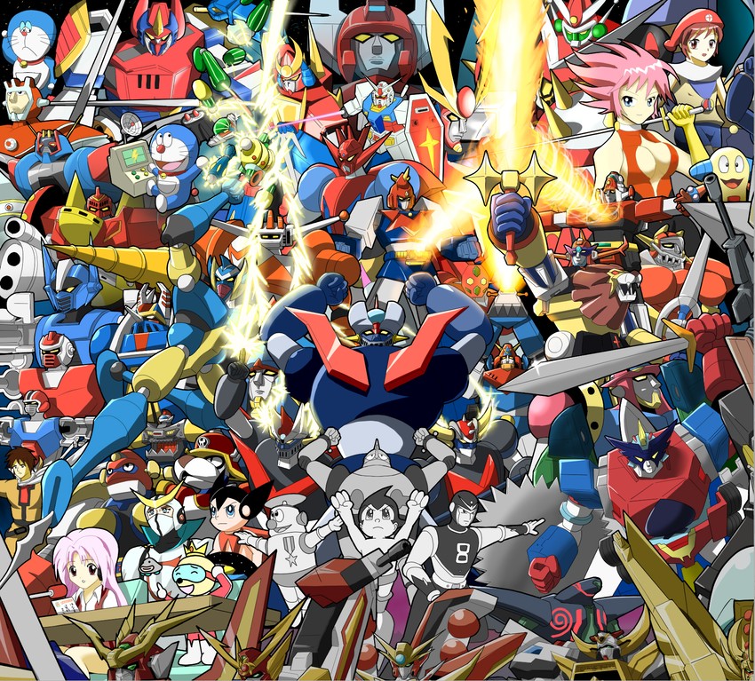rx-78-2 gundam, doraemon, mazinger z, cutie honey, atom, and 48 more (gundam and 53 more) drawn by kurosshu