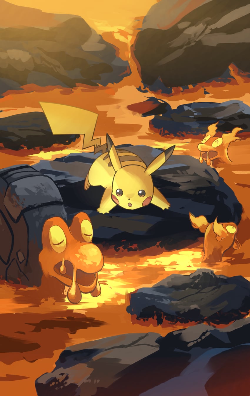 pikachu, slugma, and magcargo (pokemon) drawn by yamaori_(hakkentai_pokedan)