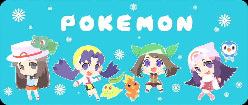 dawn, may, piplup, leaf, bulbasaur, and 3 more (pokemon and 6 more) drawn by d_(pixiv544157)