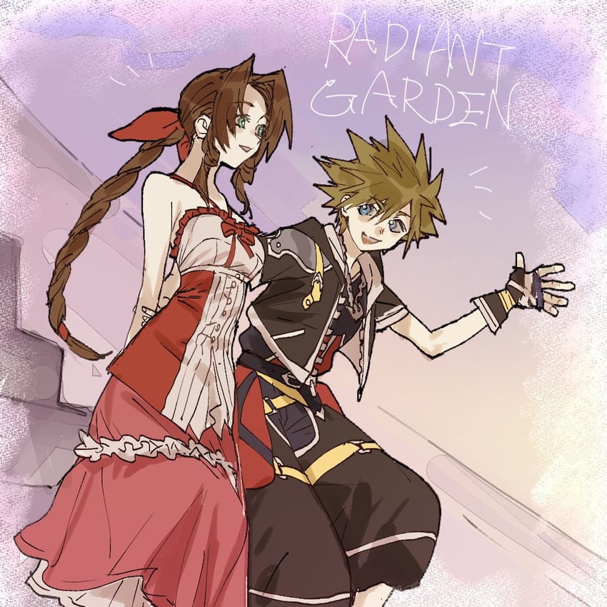 aerith gainsborough and sora (final fantasy and 3 more) drawn by meameeea