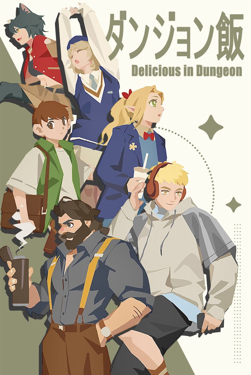 marcille donato, falin touden, laios touden, senshi, chilchuck tims, and 1 more (dungeon meshi) drawn by tamias
