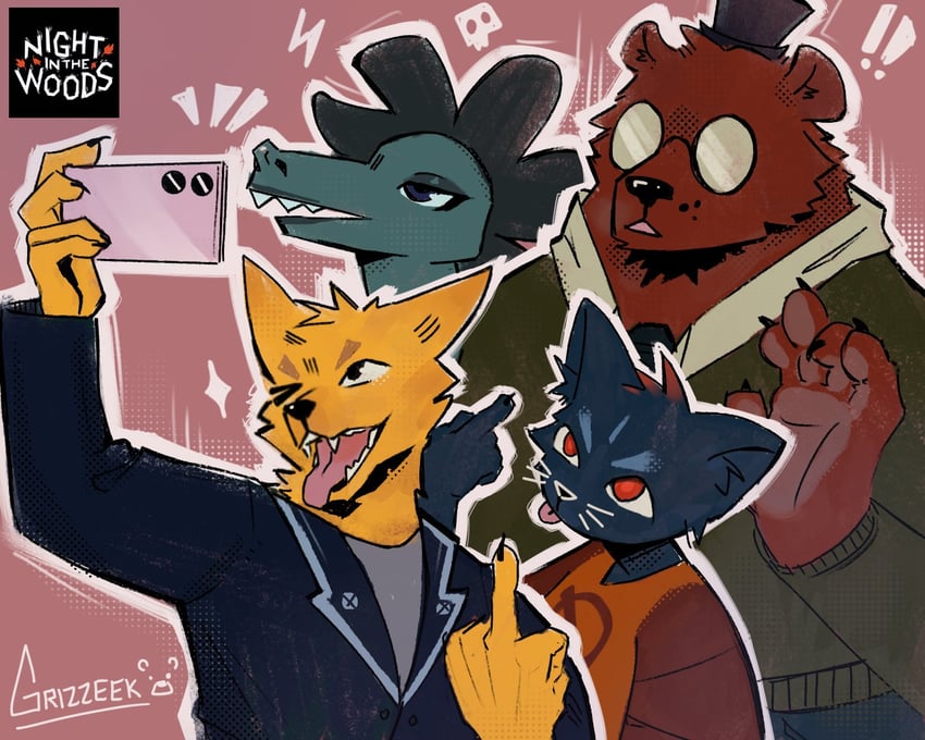 mae borowski, gregg lee, angus delaney, and bea santello (night in the woods) drawn by grizzeek