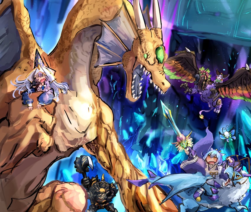 laundry dragonmaid, water enchantress of the temple, wandering gryphon rider, magicore warrior of the relics, dracoback the rideable dragon, and 3 more (yu-gi-oh!) drawn by hatano_kiyoshi