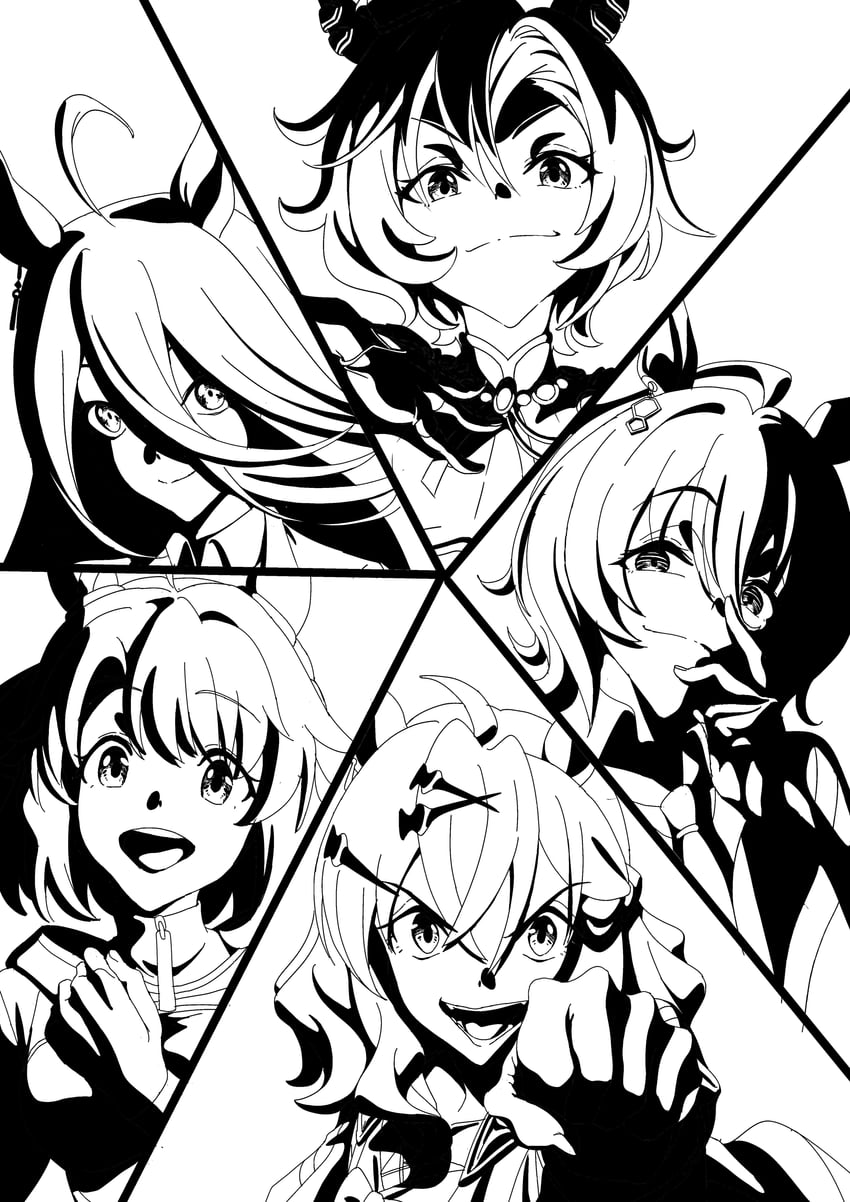 agnes tachyon, manhattan cafe, t.m. opera o, jungle pocket, and dantsu flame (umamusume and 1 more) drawn by ochiai_ryosuke