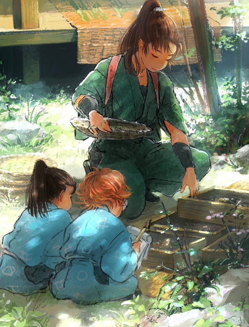zenpouji isaku, inadera rantarou, and tsurumachi fushikizou (rakudai ninja rantarou) drawn by mememe225