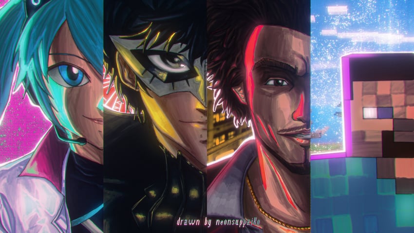 hatsune miku, amamiya ren, joker, steve, and kasuga ichiban (vocaloid and 7 more) drawn by theartntn