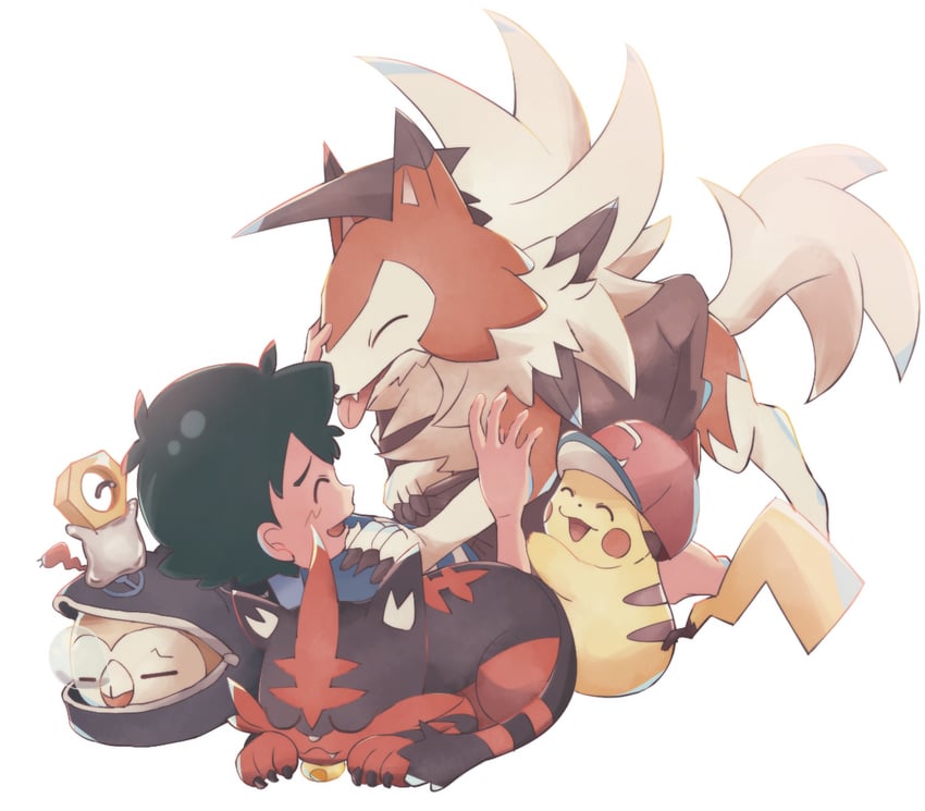 pikachu, ash ketchum, rowlet, lycanroc, torracat, and 1 more (pokemon and 1 more) drawn by hhm6965