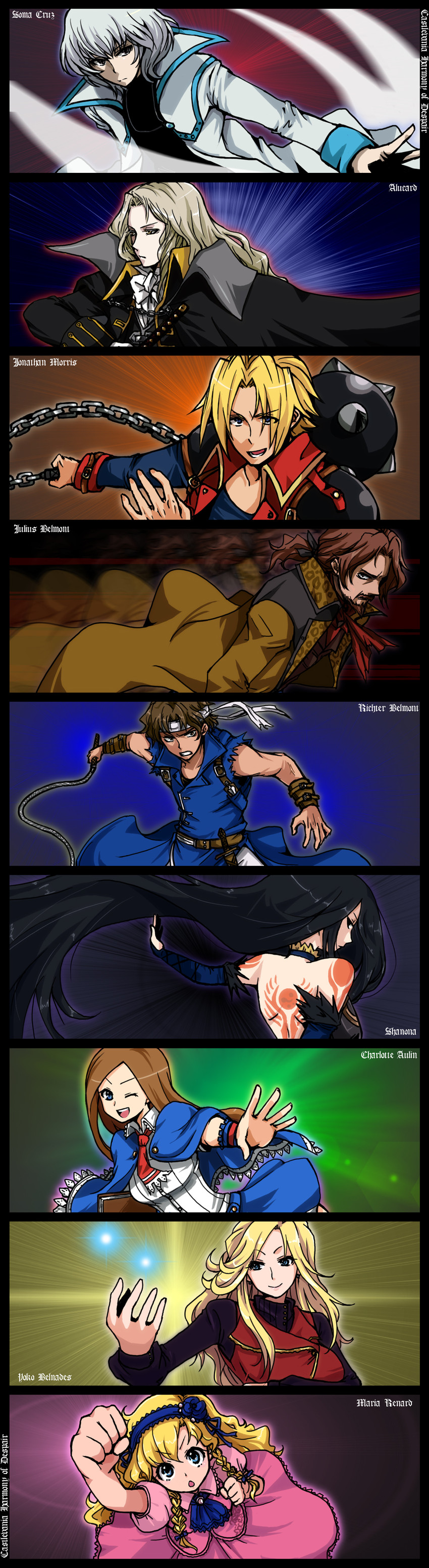 charlotte aulin, richter belmont, alucard, maria renard, shanoa, and 4 more (castlevania and 7 more) drawn by kidachi
