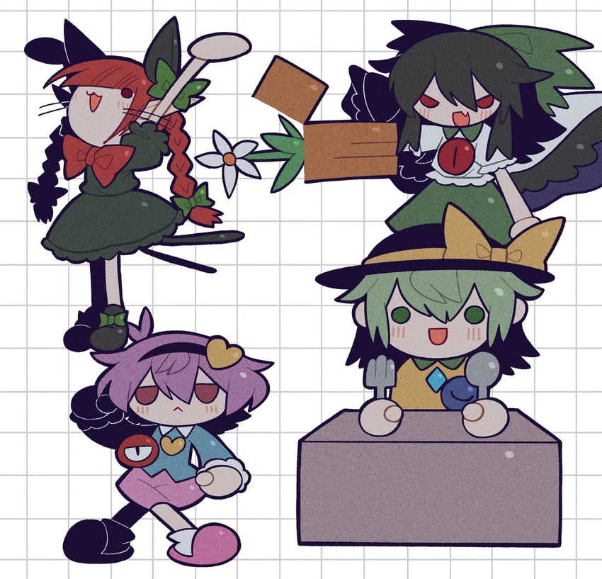 komeiji koishi, komeiji satori, kaenbyou rin, and reiuji utsuho (touhou and 1 more) drawn by zunusama