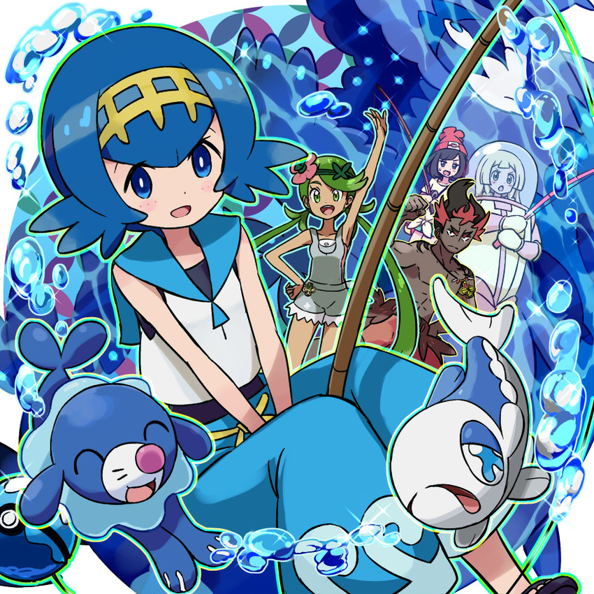 lillie, selene, lana, mallow, popplio, and 2 more (pokemon and 1 more) drawn by kingin