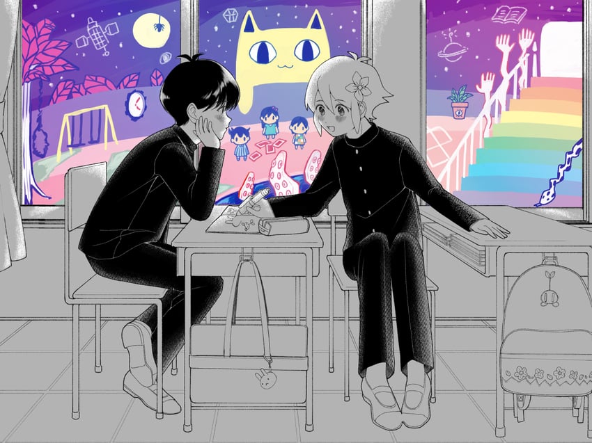 sunny, basil, aubrey, kel, hero, and 5 more (omori) drawn by hamcue