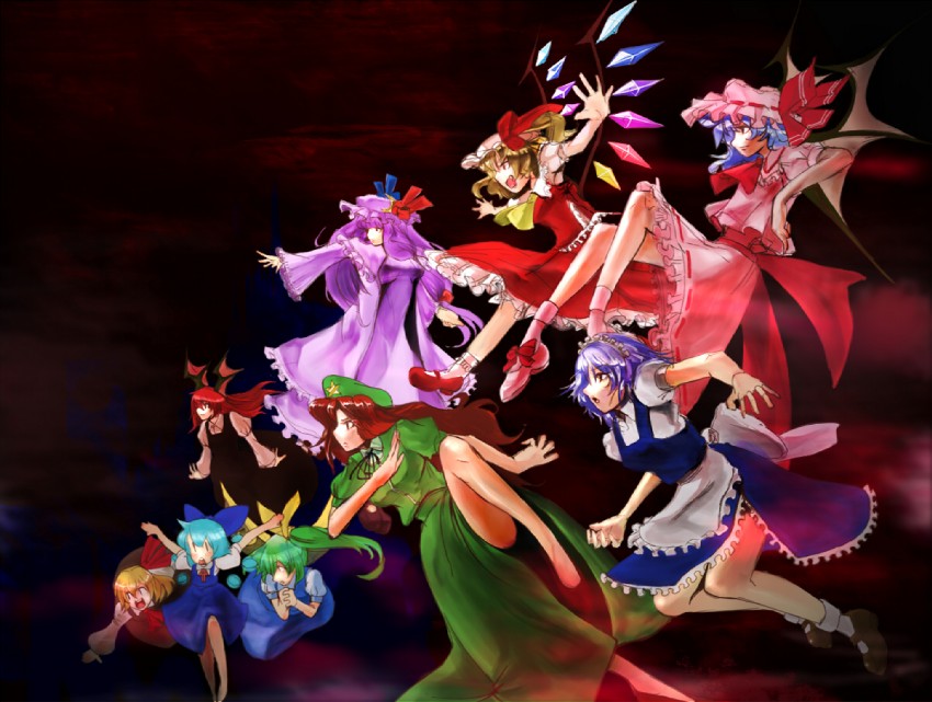 remilia scarlet, flandre scarlet, izayoi sakuya, cirno, patchouli knowledge, and 4 more (touhou and 1 more) drawn by miatsushi