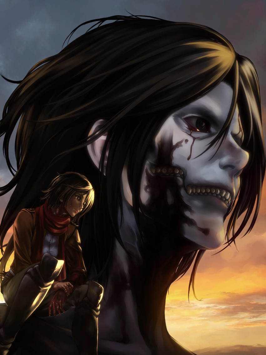 mikasa ackerman, titan, and rogue titan (shingeki no kyojin) drawn by shisshou_senkoku