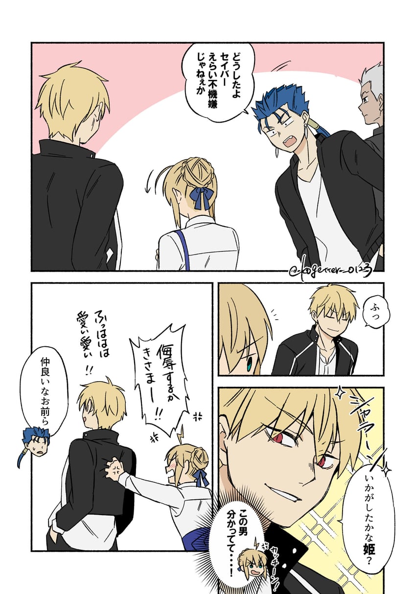 artoria pendragon, saber, gilgamesh, archer, and cu chulainn (fate and 1 more) drawn by moonlight_0423