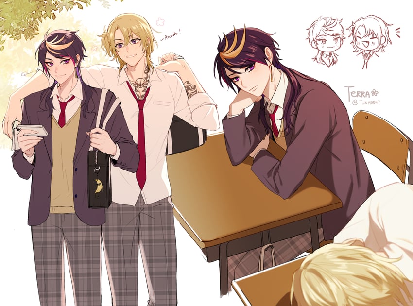 luca kaneshiro, shu yamino, and cool banana (nijisanji and 2 more) drawn by tecchi_kun