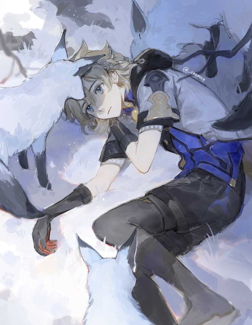albedo and snow fox (genshin impact) drawn by carm_(ruoyeahs)