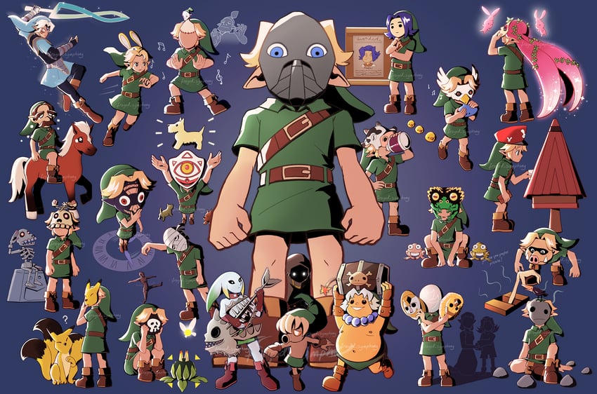 link, young link, fierce deity, epona, tatl, and 14 more (the legend of zelda and 1 more) drawn by frayed-symphony