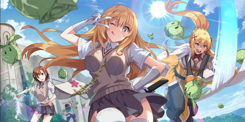 misaka mikoto, shokuhou misaki, darkness, satou kazuma, and cabbage (toaru majutsu no index and 3 more)