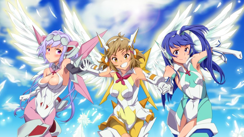 yukine chris, tachibana hibiki, and kazanari tsubasa (senki zesshou symphogear) drawn by lyrical_denko