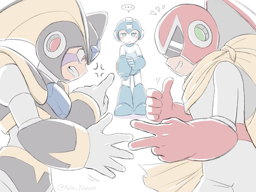 mega man, proto man, and bass (mega man) drawn by ayla_kazemi