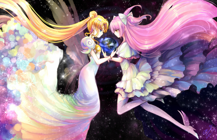 kaname madoka, tsukino usagi, ultimate madoka, and princess serenity (mahou shoujo madoka magica and 1 more) drawn by rurisen_(yaoihyper)