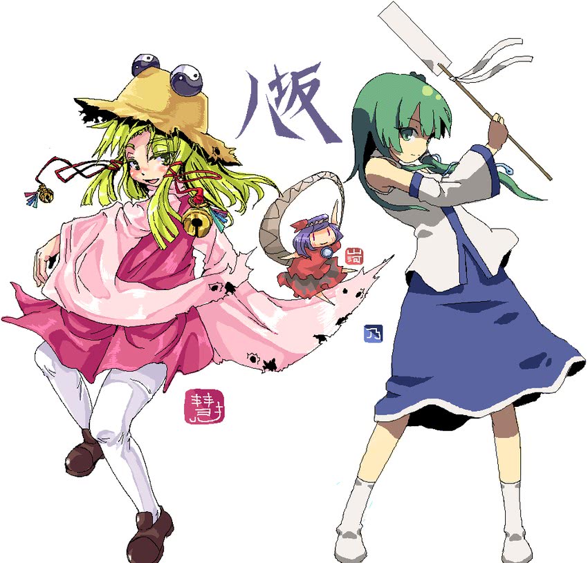 kochiya sanae, moriya suwako, and yasaka kanako (touhou) drawn by hino_hikaru, sanga_(misanga), and sayuu_hanten