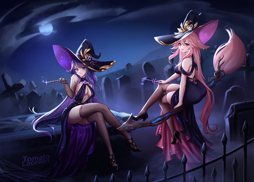 raiden shogun and yae miko (genshin impact) drawn by tomatolaccoon