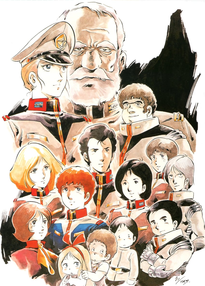 amuro ray, sayla mass, bright noa, fraw bow, mirai yashima, and 9 more (gundam and 2 more) drawn by yasuhiko_yoshikazu