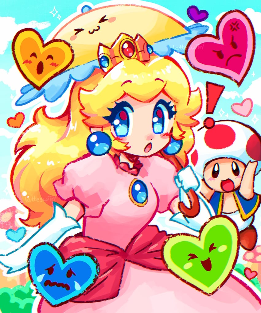 princess peach and toad (mario and 1 more) drawn by latteswiirl