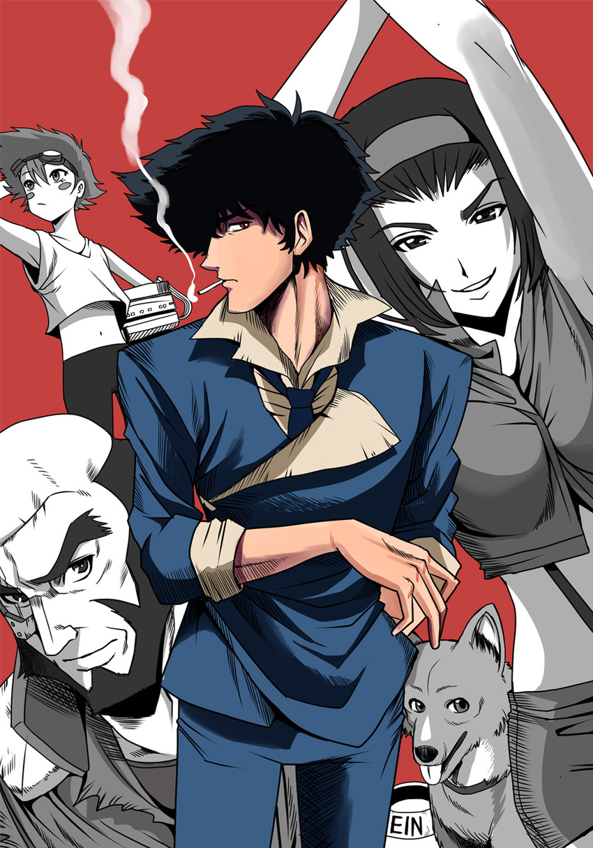 faye valentine, spike spiegel, edward wong hau pepelu tivrusky iv, ein, and jet black (cowboy bebop) drawn by inu_(marukome)