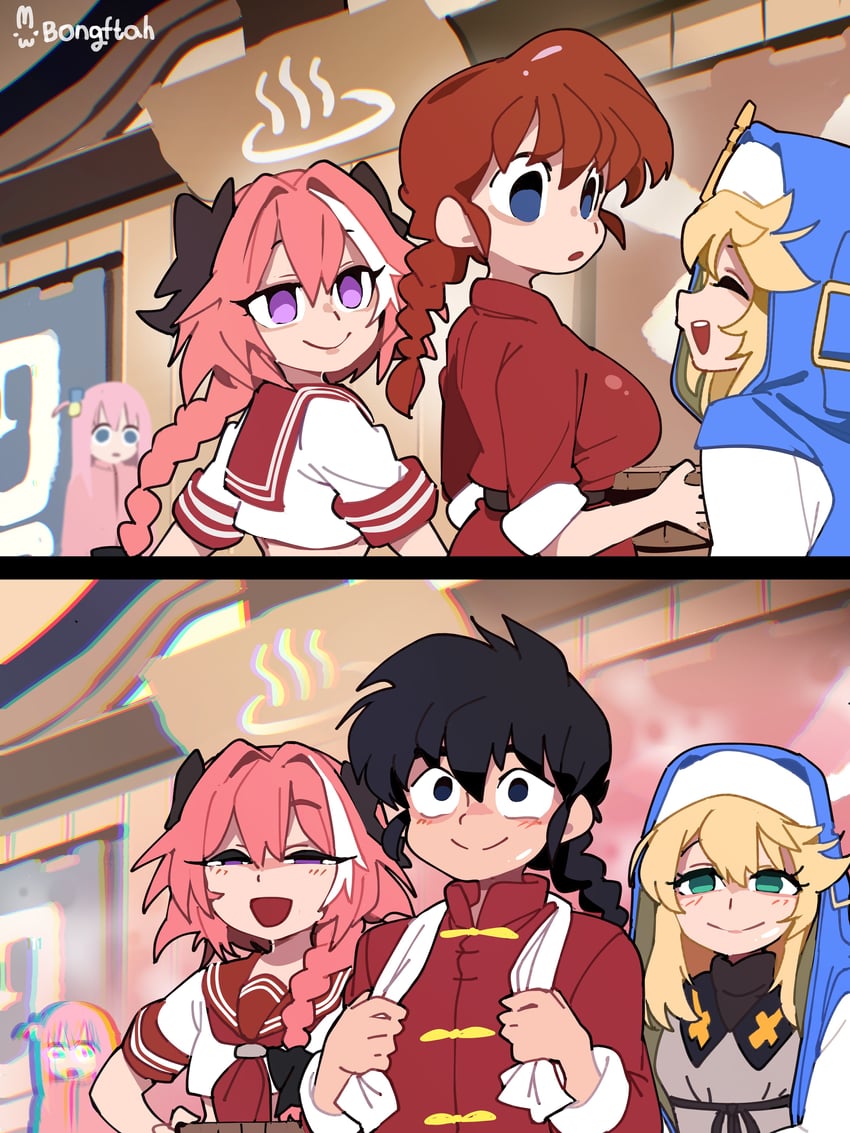 gotoh hitori, astolfo, bridget, ranma-chan, and saotome ranma (fate and 5 more) drawn by bongfill
