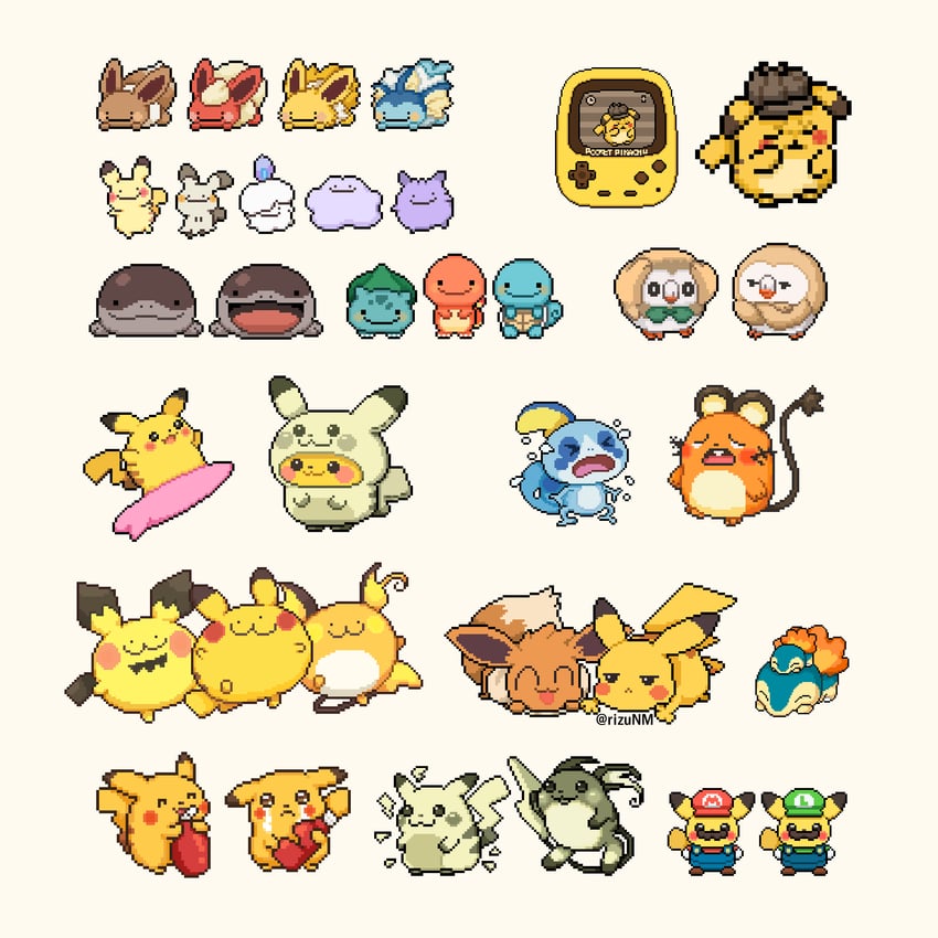 pikachu, eevee, mario, rowlet, luigi, and 18 more (pokemon and 5 more) drawn by rizu_(rizunm)