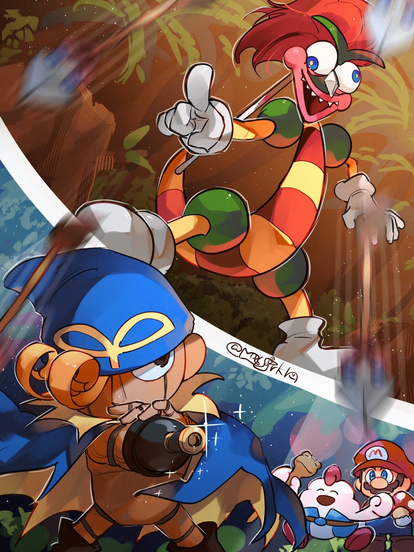 mario, geno, mallow, and bowyer (mario and 1 more) drawn by hanaon