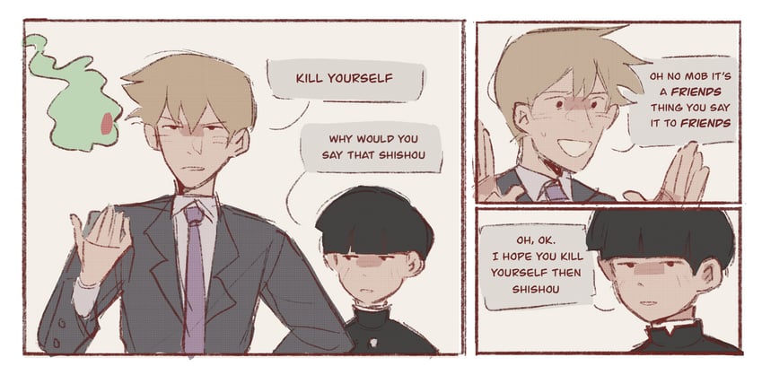 kageyama shigeo, reigen arataka, and ekubo (mob psycho 100) drawn by mp100days