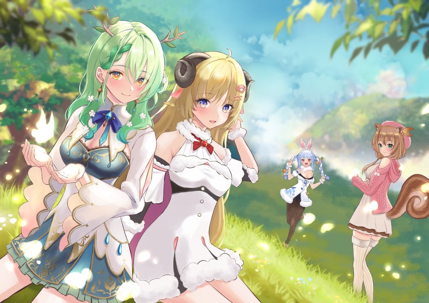 usada pekora, ceres fauna, don-chan, tsunomaki watame, and ayunda risu (hololive and 2 more) drawn by hira_qw