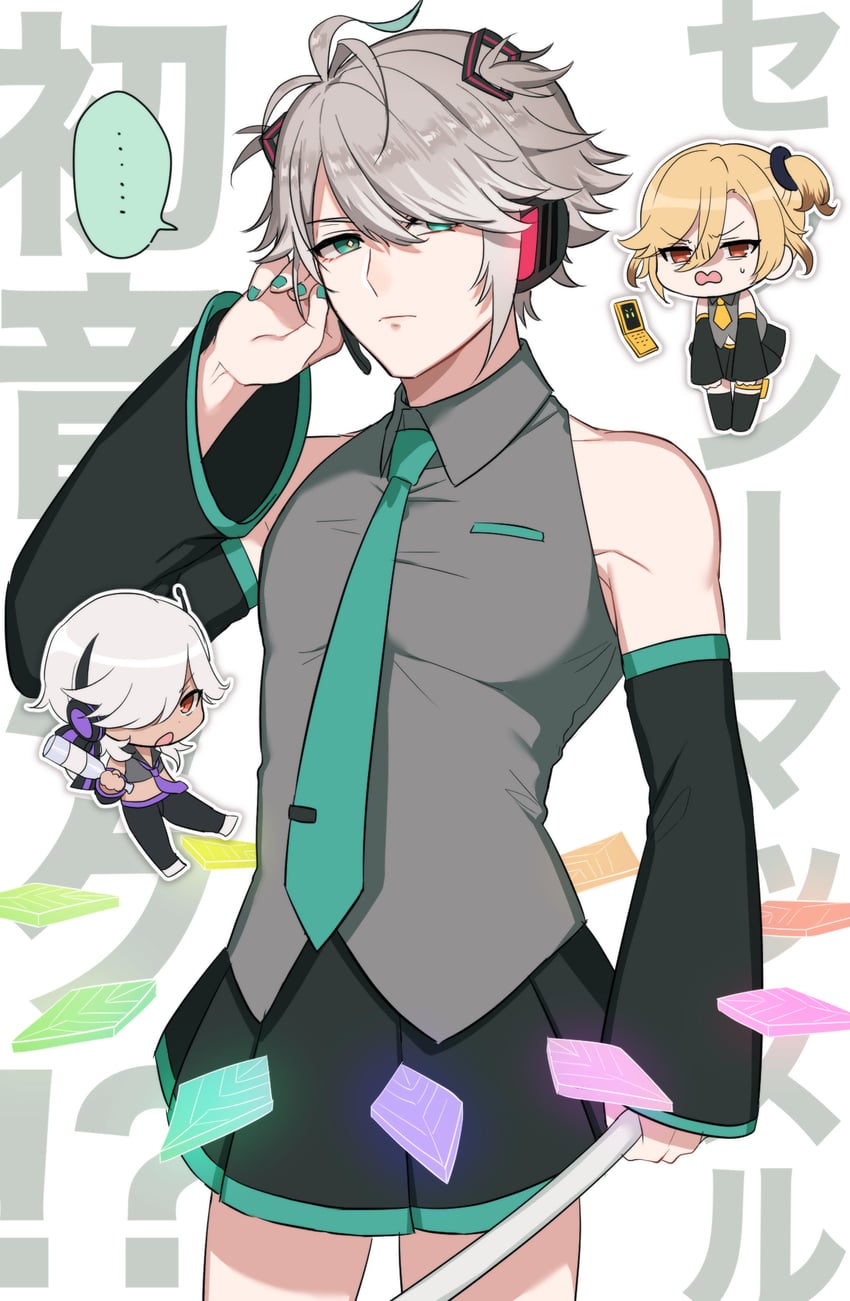 hatsune miku, kagamine len, alhaitham, kaveh, and cyno (genshin impact and 1 more) drawn by meshi_kue_yo