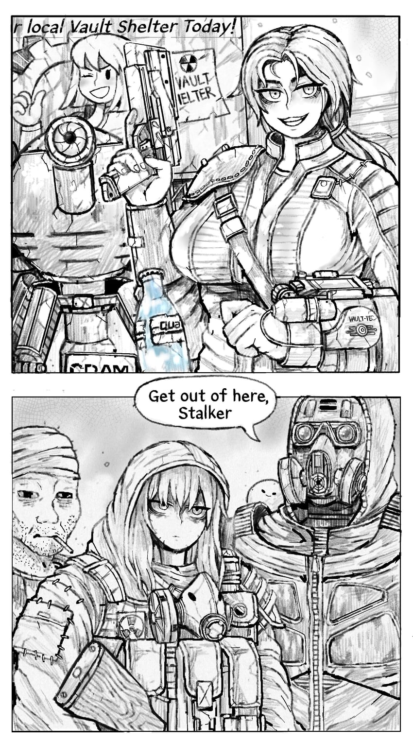 wojak, vault girl, mister handy, and doomer (fallout and 1 more) drawn by octosoup