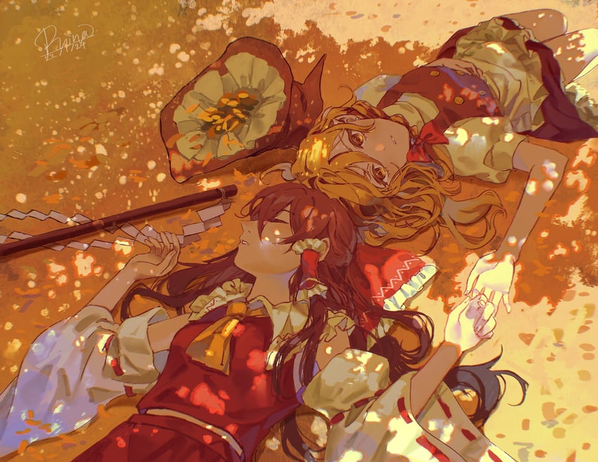 hakurei reimu and kirisame marisa (touhou) drawn by aihara-rina