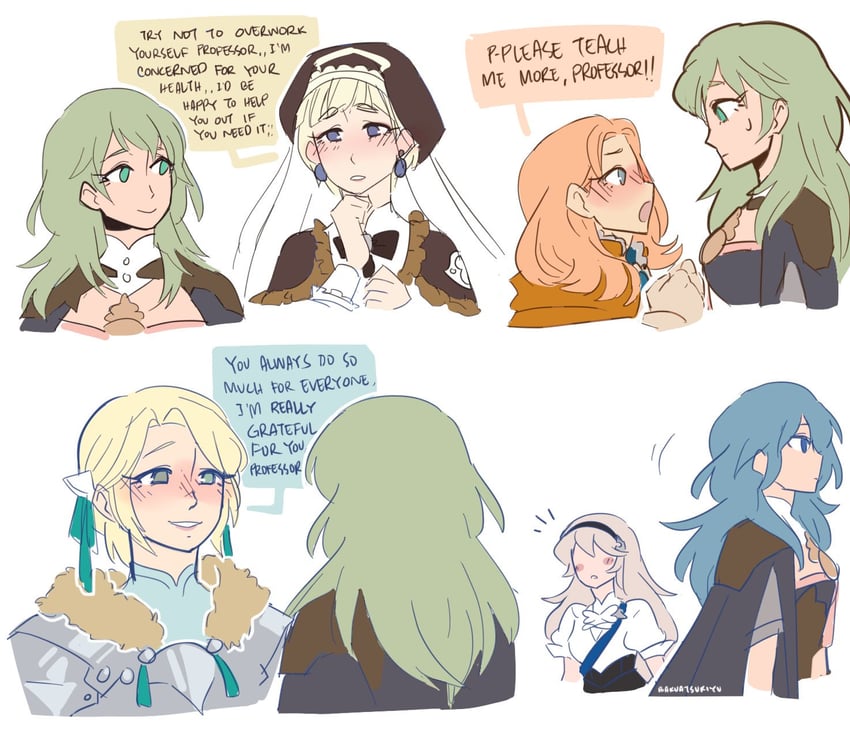 female corrin, ingrid brandl galatea, female byleth, mercedes von martritz, and annette fantine dominic (fire emblem and 2 more) drawn by bakuatsukiyu