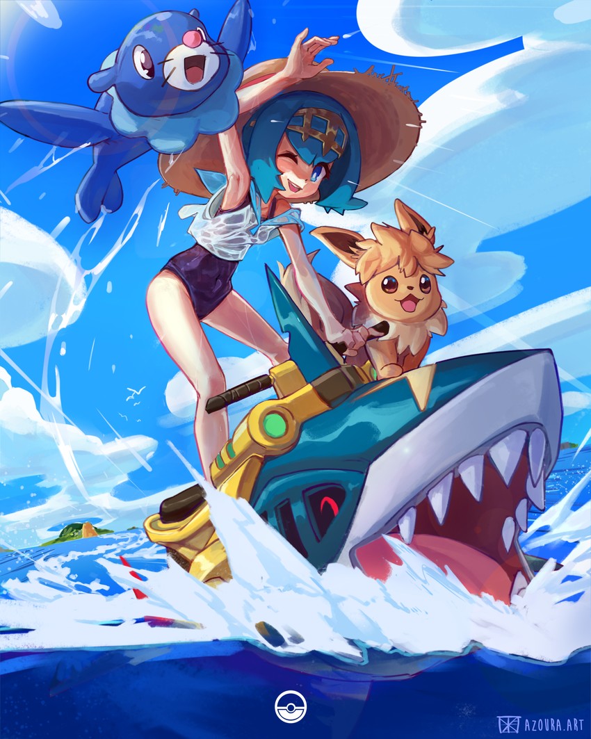 eevee, lana, popplio, and sharpedo (pokemon and 1 more) drawn by azoura