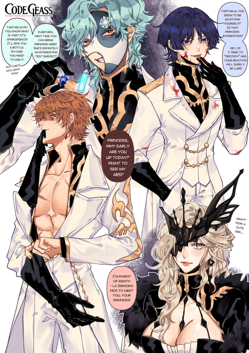 scaramouche, tartaglia, signora, and dottore (genshin impact and 1 more) drawn by xiayou1104