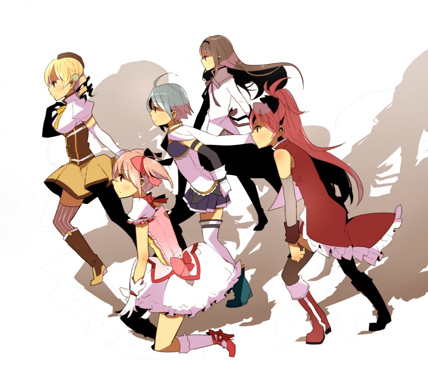 akemi homura, kaname madoka, miki sayaka, sakura kyoko, and tomoe mami (mahou shoujo madoka magica) drawn by meno