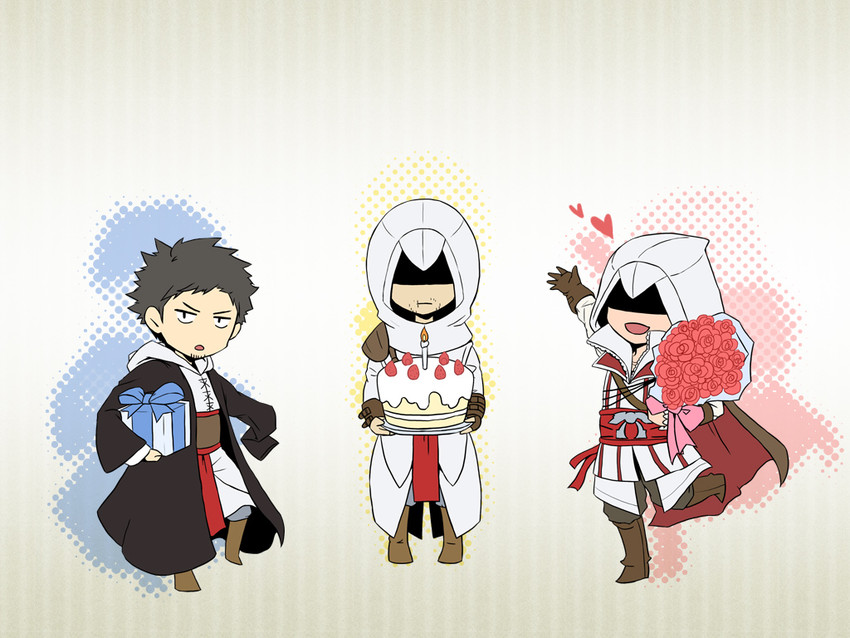 ezio auditore da firenze, altair ibn la-ahad, and malik al-sayf (assassin's creed ii and 1 more) drawn by mujina_(hook)