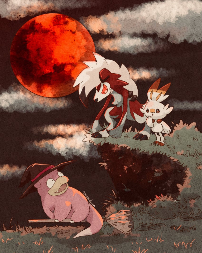 scorbunny, lycanroc, and slowpoke (pokemon) drawn by zozozoshion