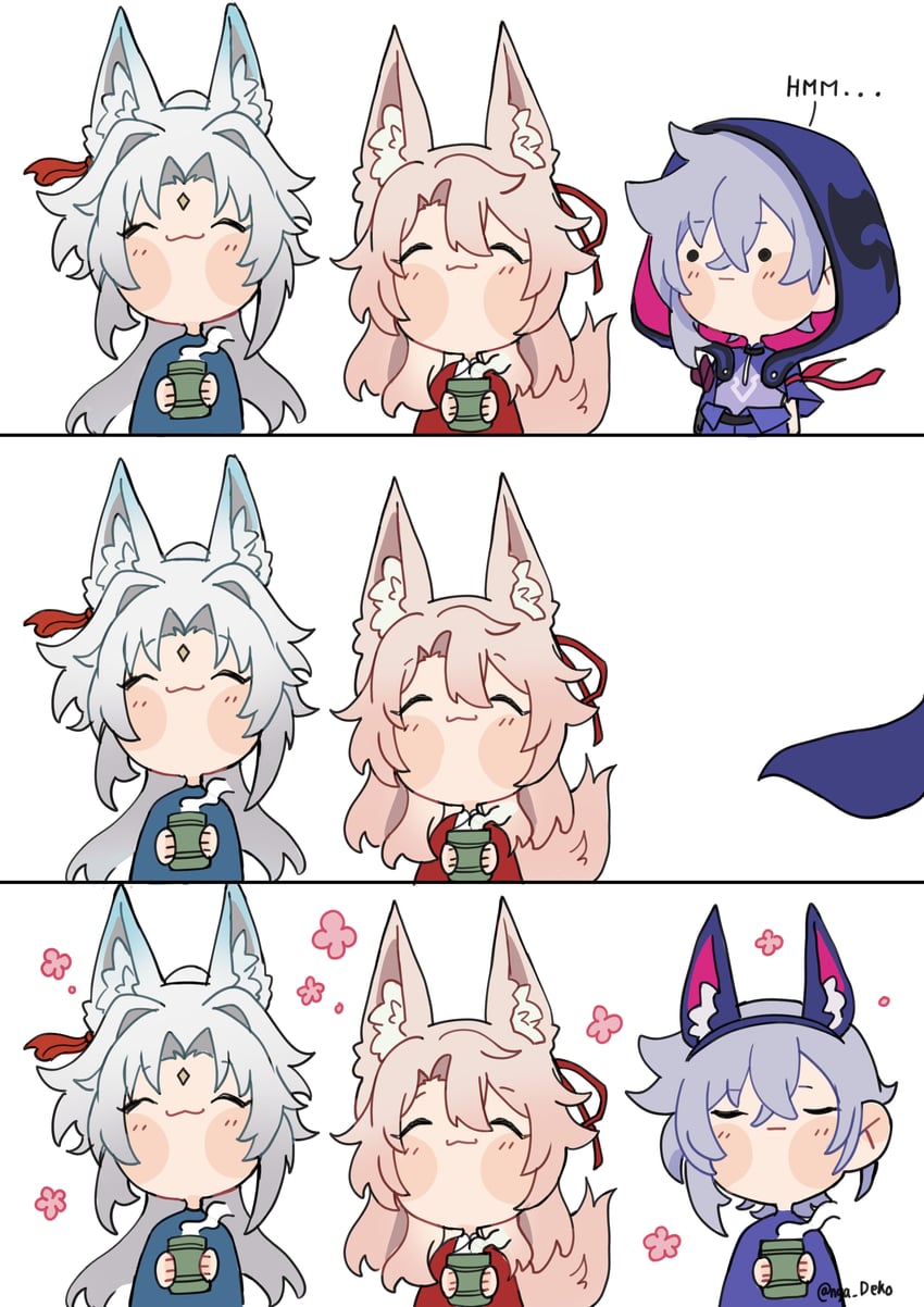 feixiao, jiaoqiu, and moze (honkai and 1 more) drawn by nya_deko