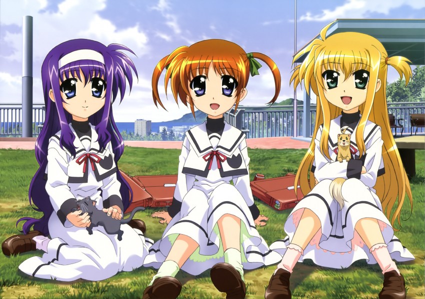 takamachi nanoha, yuuno scrya, arisa bunnings, and tsukimura suzuka (lyrical nanoha and 2 more) drawn by okuda_yasuhiro