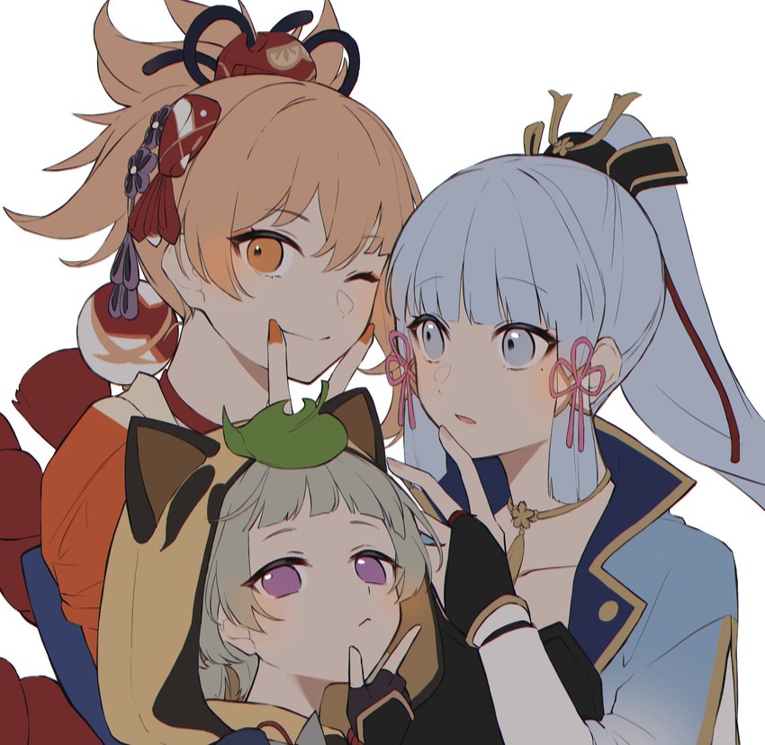 kamisato ayaka, yoimiya, and sayu (genshin impact) drawn by orange627st