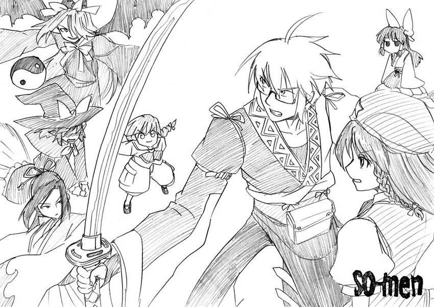 hakurei reimu, kirisame marisa, hong meiling, morichika rinnosuke, mima, and 2 more (touhou and 1 more) drawn by so-men