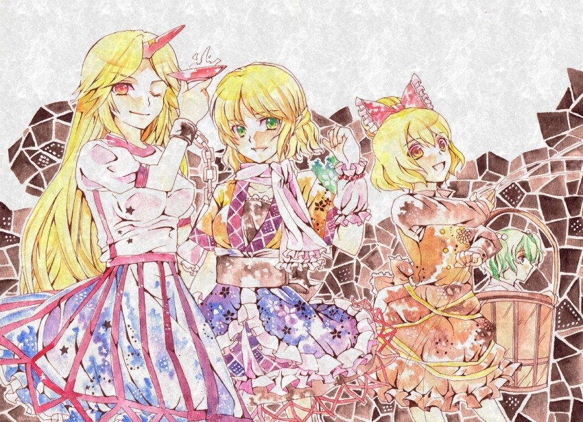 mizuhashi parsee, hoshiguma yuugi, kurodani yamame, and kisume (touhou) drawn by n-mix